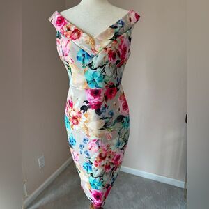 Gorgeous floral off the shoulder ASOS Scuba midi dress bodycon sz 8 wedding